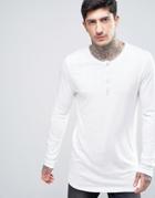 Asos Super Longline Muscle Long Sleeve T-shirt With Grandad Collar In Textured Fabric - White