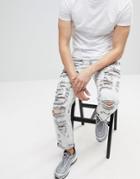 Asos Slim Jeans In Acid Wash Gray With Heavy Rips And Check Patches - Gray