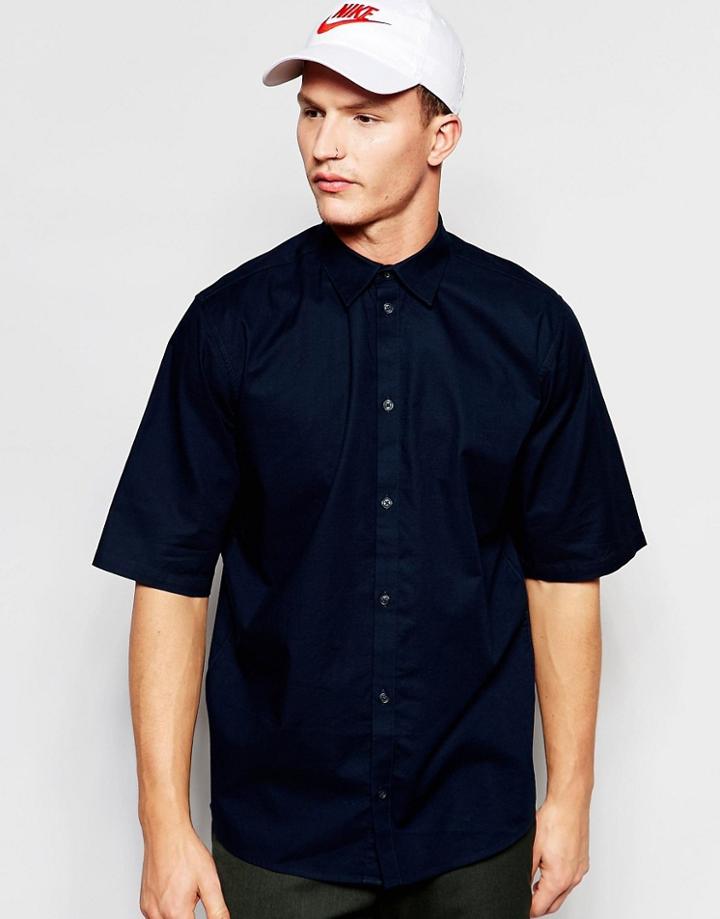 Weekday Pointbreak Shirt Short Sleeve Loose Boxy Fit In Dark Blue - Navy