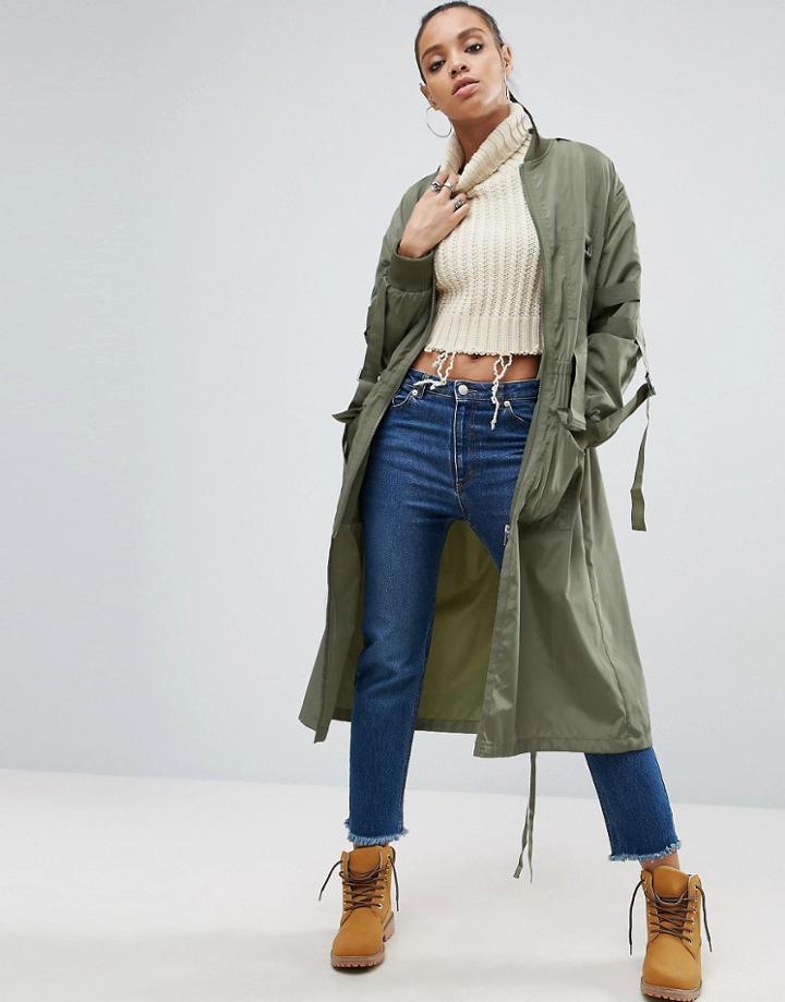 Asos Longline Parka With Parachute Strapping - Green