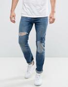 New Look Slim Jeans With Rip And Repair Detail In Mid Wash - Blue