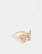 Asos Design Pinky Ring In Butterfly Design With Pink Crystal In Gold Tone