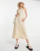 Asos Design Halter Midi Dress With Open Back In Sand-neutral