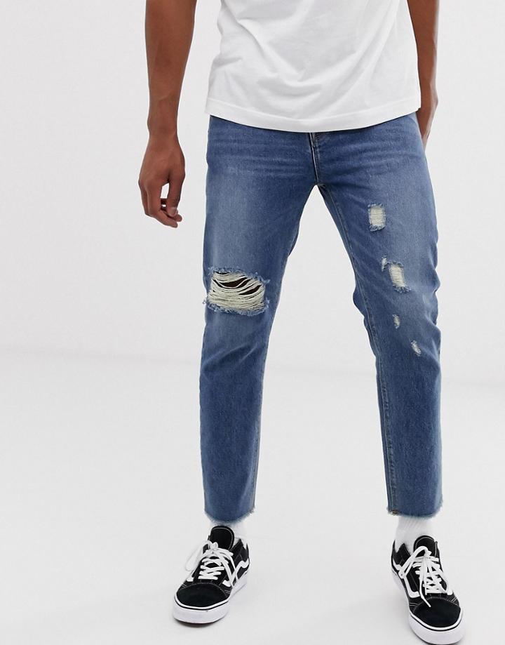 Collusion X003 Tapered Jeans With Knee Rips In Mid Wash - Blue