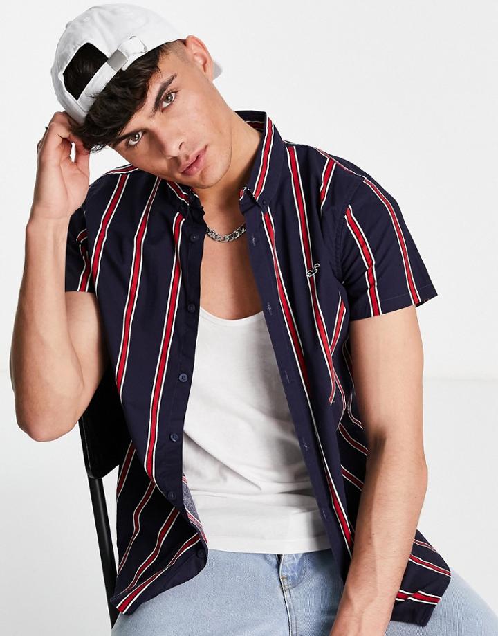 Hollister Slim Fit Stripe Short Sleeve Shirt In Navy