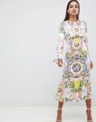 Asos Design Maxi Dress With Pephem In Scarf Print - Multi