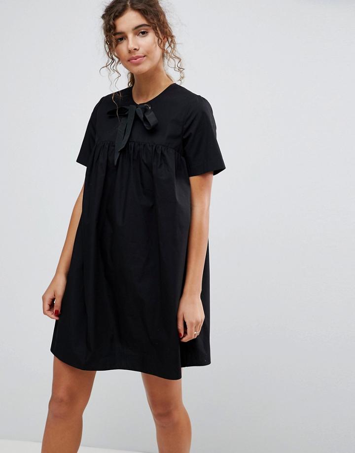 Asos Smock Dress With Eyelet Detail And Grosgrain Tie - Black