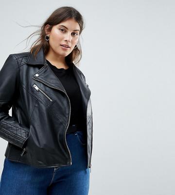 Urbancode Plus Leather Biker Jacket With Quilting Detail - Black