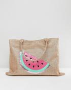Chateau Watermelon Embroidered Straw Bag With Tassles - Beige