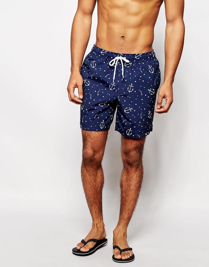 Asos Mid Length Swim Shorts With Anchor Print - Navy