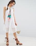 Asos Sleeveless Broderie Dress With Dipped Hem And Pom Pom Trim - White