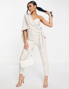 Lavish Alice One Shoulder Cape Detail Jumpsuit With Belt In Champagne-white