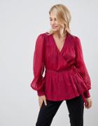 Asos Design Sheer Long Sleeve Wrap Top With Lace Inserts - Purple