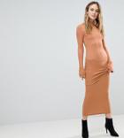 Asos Tall City Maxi Rib Bodycon Dress With Turtleneck And Frill Cuffs - Beige