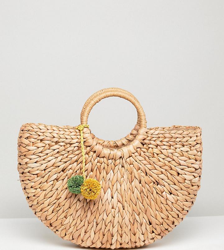 South Beach Half Moon Structured Straw Bag With Pom - Multi