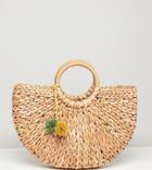 South Beach Half Moon Structured Straw Bag With Pom - Multi