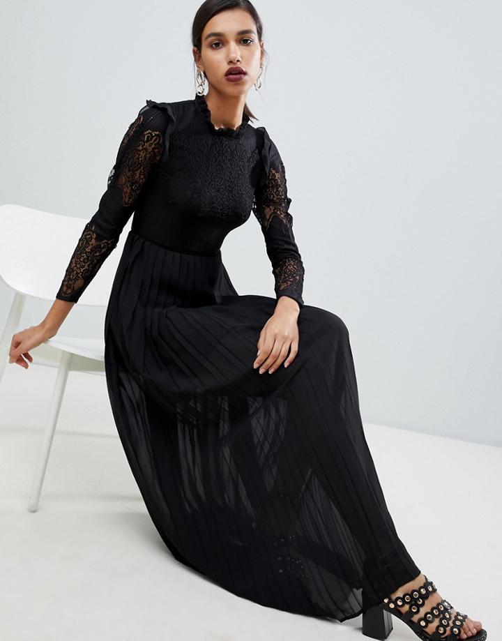 Y.a.s High Neck Lace Maxi Dress With Pleats - Black