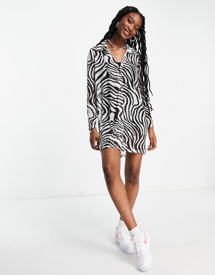 Asos Design Mesh Shirt Dress In Zebra Print-multi