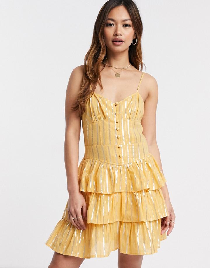 Asos Design Button Front Mini Tiered Sundress In Metallic Stripe In Mustard-yellow