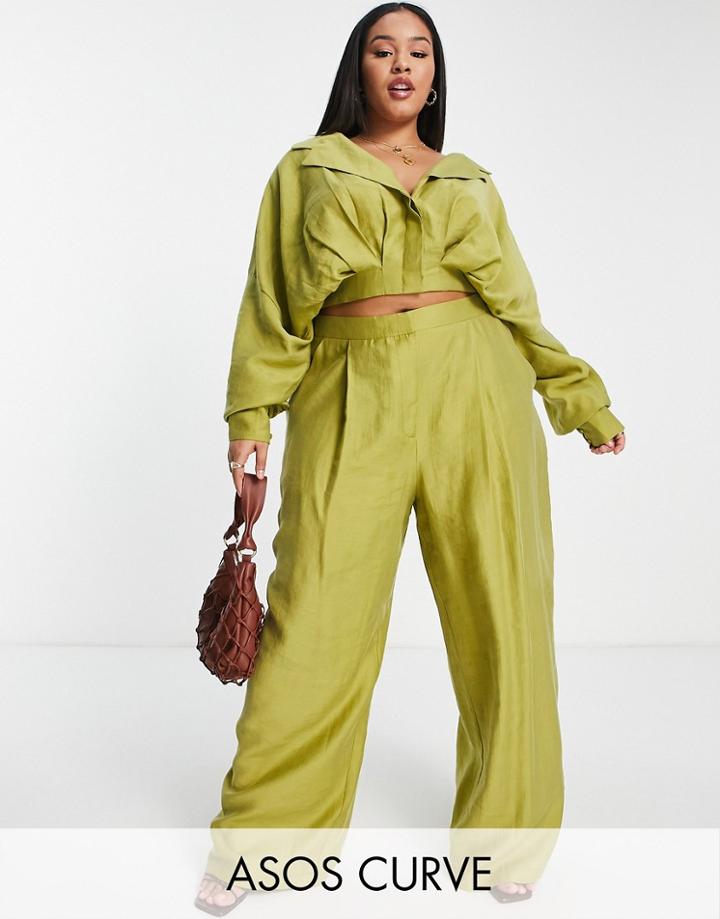 Asos Edition Curve Drapey Pleat Waist Top In Lime Green