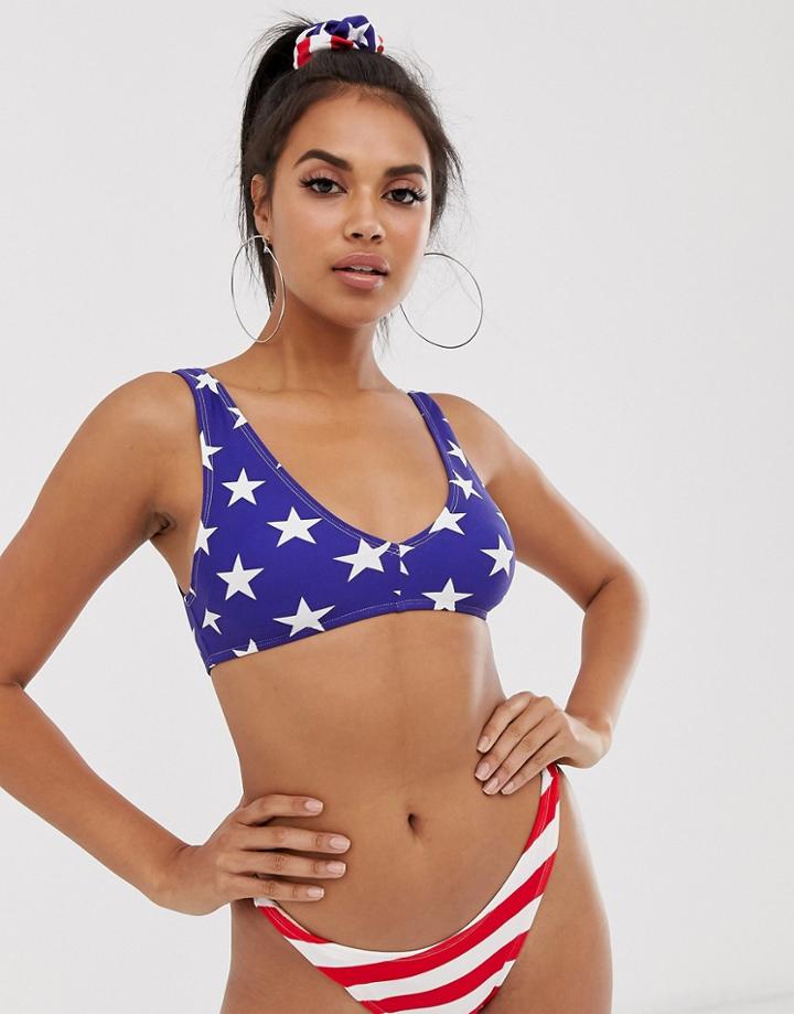 Asos Design Star And Stripe Print Crop Bikini Top With Matching Scrunchie - Multi