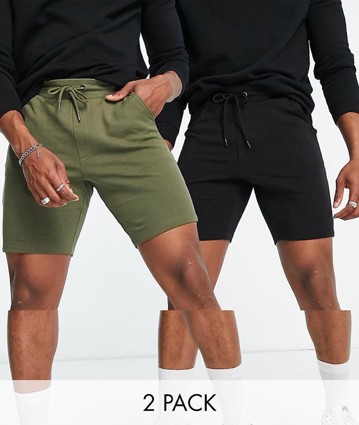 Only & Sons Organic Cotton 2 Pack Jersey Shorts In Black & Khaki-multi