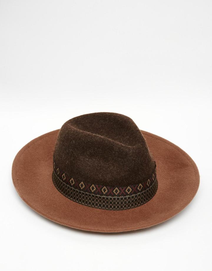 Asos Wide Brim Fedora Hat In Brown Felt With Geo-tribal Print Band - Brown