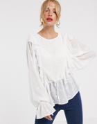 Asos Design Long Sleeve Top With Ruffle Detail And Embroidery-white