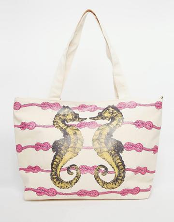 Thursday Friday Canvas Beach Bag With Seahorse Print - White