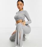 New Look Petite Ruched Side Top And Split Hem Flare Set In Mid Gray-grey