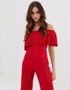 Outrageous Fortune Off Shoulder Plisse Jumpsuit In Red