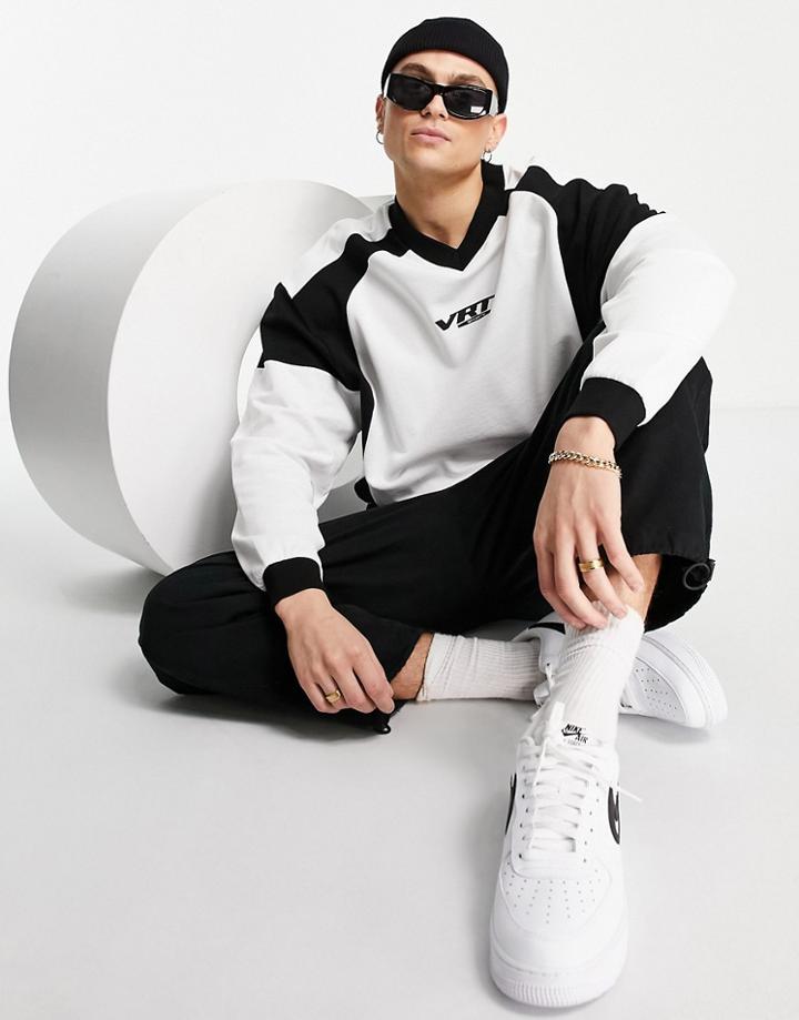 Asos Design Oversized V-neck Sweatshirt In Blocking With Print-white