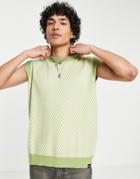 Vintage Supply Knitted Tank Top In Green Diamond Jacquard