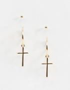 Asos Design Cross Drop Earring With Stud In Gold Tone