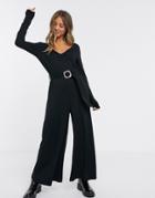 Asos Design Plunge Belted Buckle Long Sleeve Jumpsuit-black