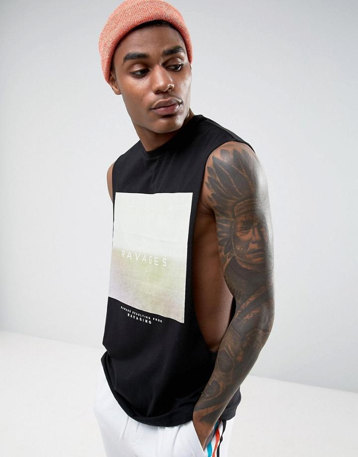 Asos Sleeveless T-shirt With Extreme Dropped Armhole And Photographic Print - Black