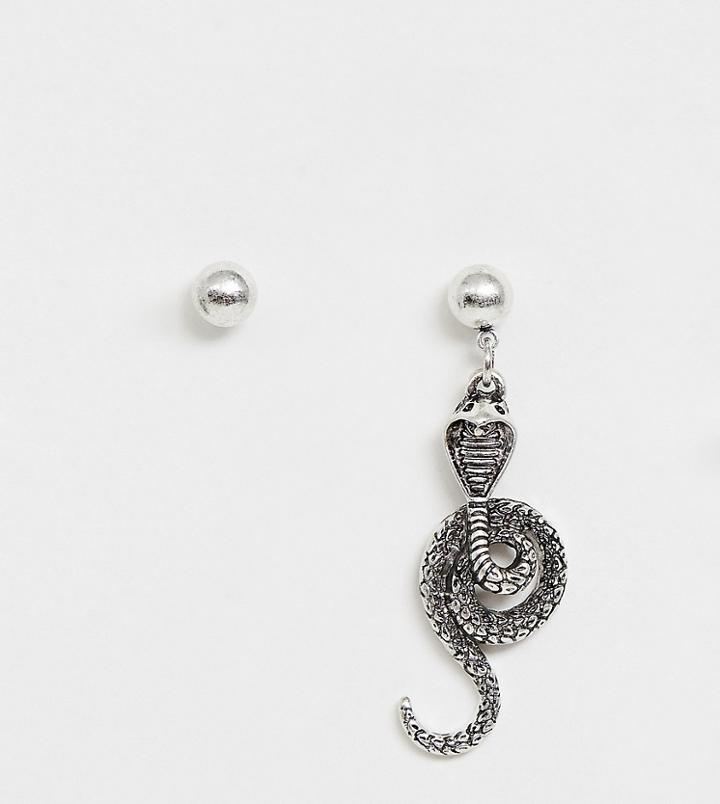 Asos Design Single Hoop Snake Earring With Stud In Burnished Silver - Silver