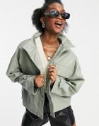 Asos Design Oversized Chuck On Faux Leather Jacket In Sage-grey