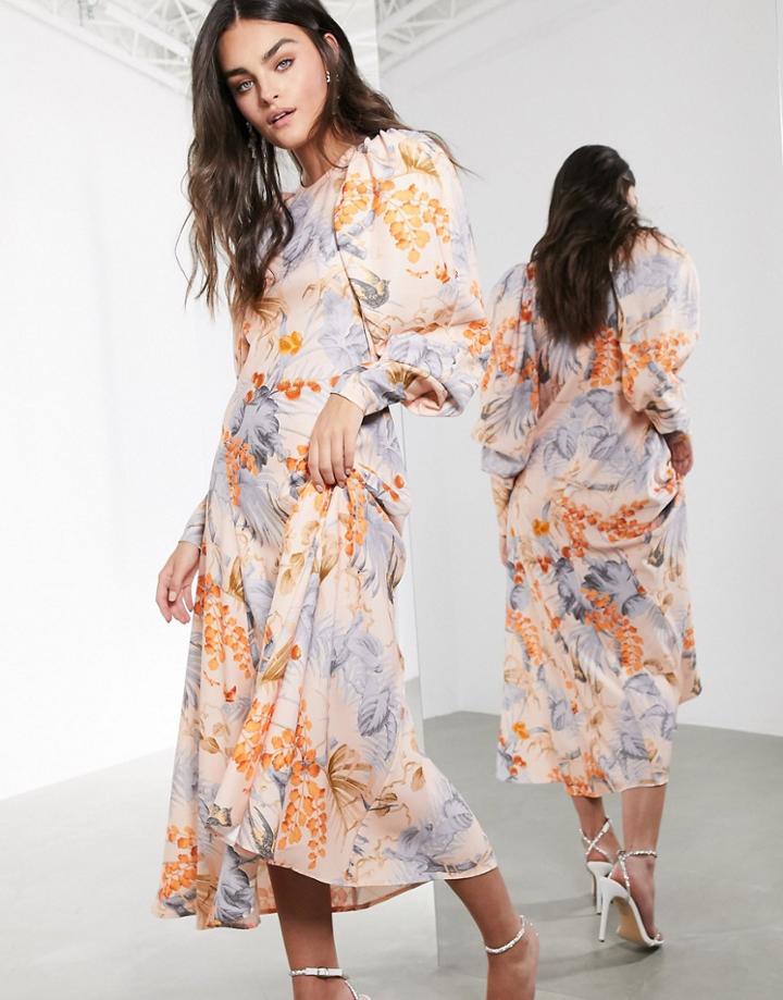 Asos Edition Midi Dress In Peach Floral Palm Print-orange