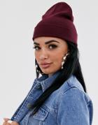 Asos Design Turn Up Beanie In Recycled Polyester In Burgundy - Red