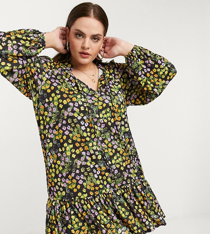 Asos Design Curve Mini Smock Dress With Pep Hem And Tie Neck Detail In Black Based Floral