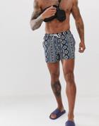 Asos Design Swim Shorts In Tonal Blue Tile Print Short Length - Blue