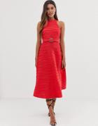 Asos Design Textured Midi Skater Dress With Faux Wood Belt Detail - Red