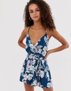 Parisian Wrap Front Romper With Tie Waist In Floral Print-navy