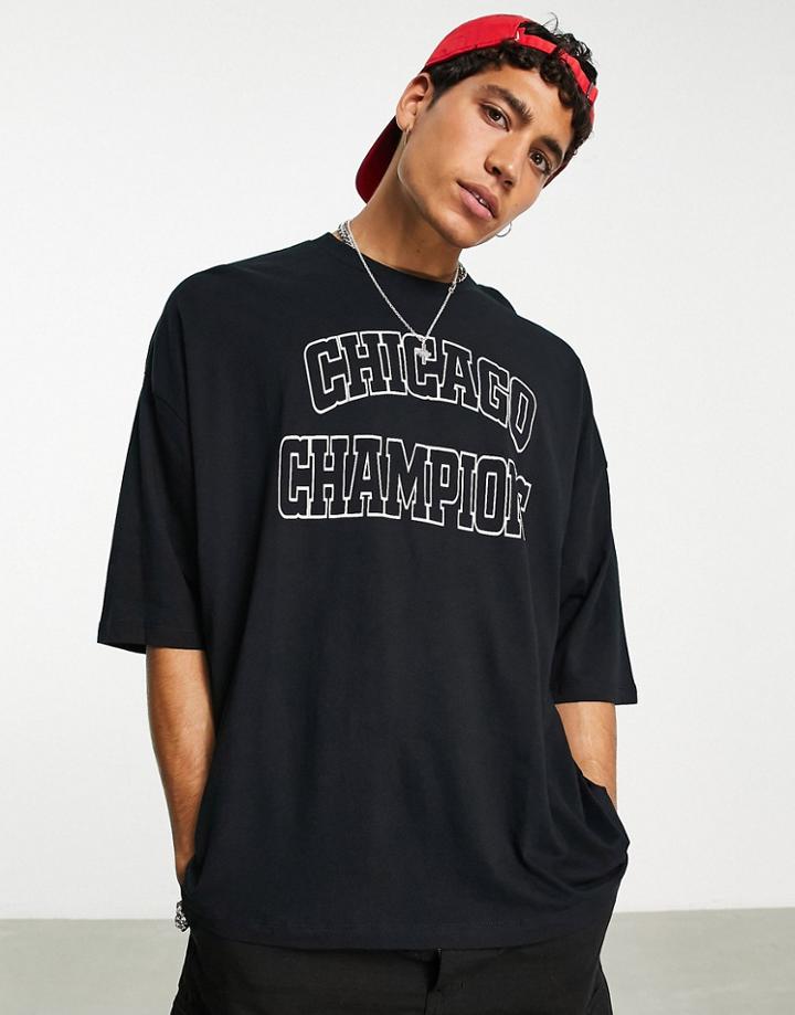 Asos Design Oversized T-shirt In Black Cotton Blend With Chicago City Print - Black