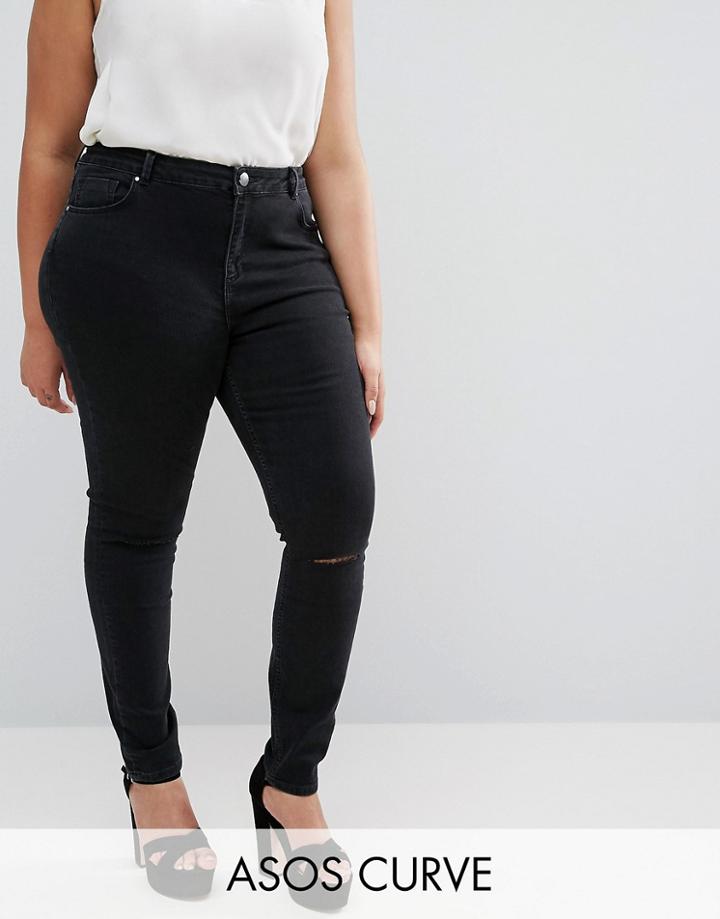 Asos Curve Lisbon Skinny Mid Rise Jeans With Two Displaced Ripped Knee
