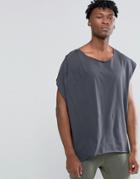 Asos Super Oversized Sleeveless T-shirt With Pleated Shoulder And Raw Edges - Gray