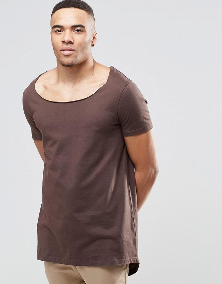 Asos Super Longline T-shirt With Split Back Step Hem And Drape Neck - Black Coffee