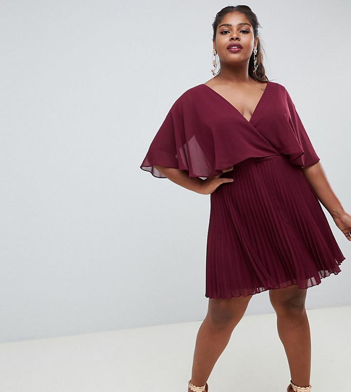 Asos Design Curve Mini Dress With Pleat Skirt And Flutter Sleeve - Purple