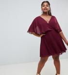 Asos Design Curve Mini Dress With Pleat Skirt And Flutter Sleeve - Purple